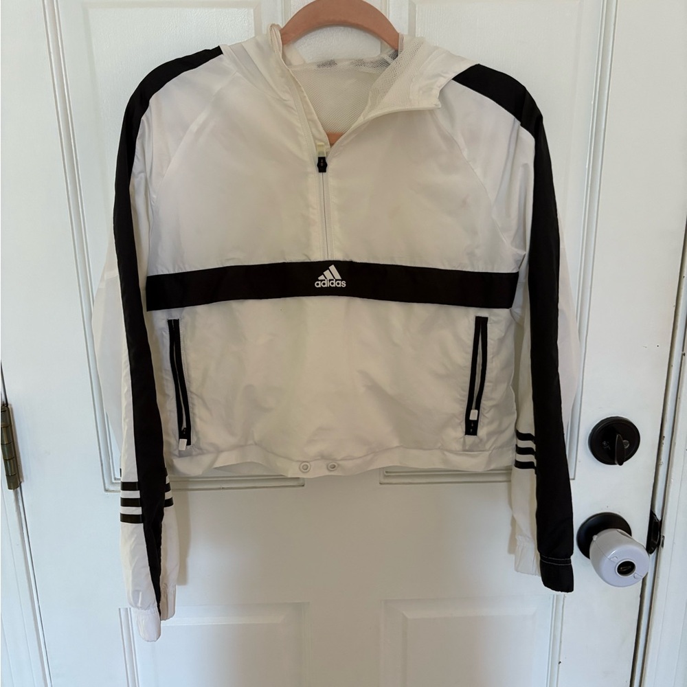 Adidas White and Black cropped windbreaker